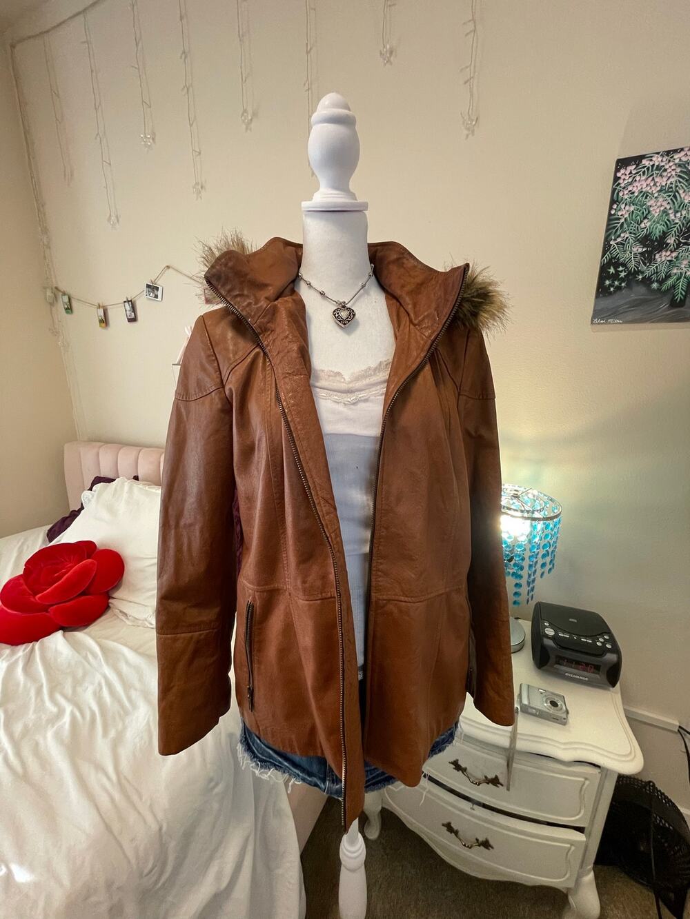 tan leather jacket with faux fur attached